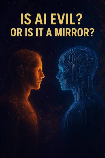 A human silhouette faces a glowing AI circuit silhouette, with the text: Is AI evil? Or is it a mirror?