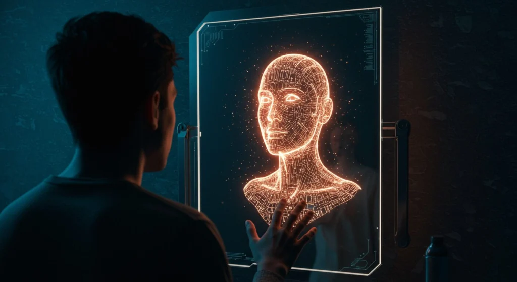 A person reaches toward a glowing digital mirror that reflects an AI-rendered face made of circuit patterns