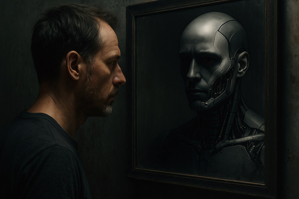 A person stares into a dark mirror that reflects back a robotic version of themselves